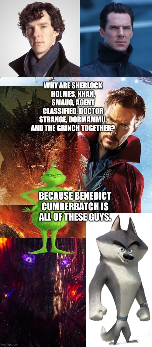 The best roles ever played by Benedict Cumberbatch | WHY ARE SHERLOCK HOLMES, KHAN, SMAUG, AGENT CLASSIFIED, DOCTOR STRANGE, DORMAMMU, AND THE GRINCH TOGETHER? BECAUSE BENEDICT CUMBERBATCH IS ALL OF THESE GUYS. | image tagged in benedict cumberbatch | made w/ Imgflip meme maker