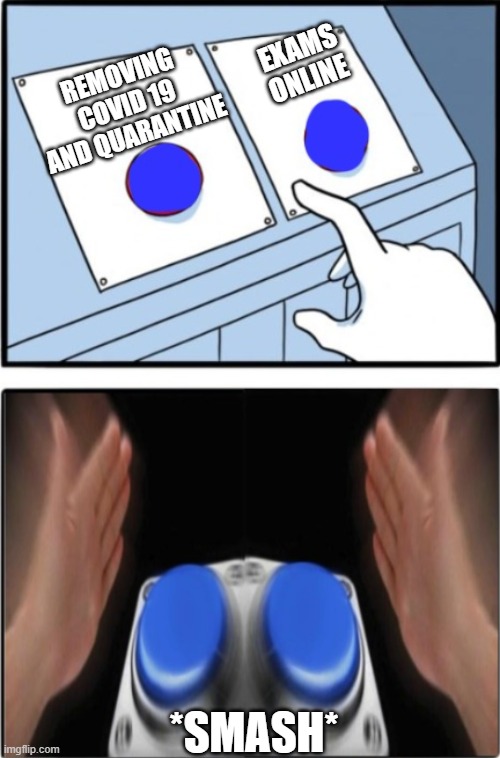 Two buttons press both | EXAMS ONLINE; REMOVING COVID 19 AND QUARANTINE; *SMASH* | image tagged in two buttons press both | made w/ Imgflip meme maker