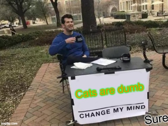 Change My Mind | Cats are dumb; Sure | image tagged in memes,change my mind,cats | made w/ Imgflip meme maker