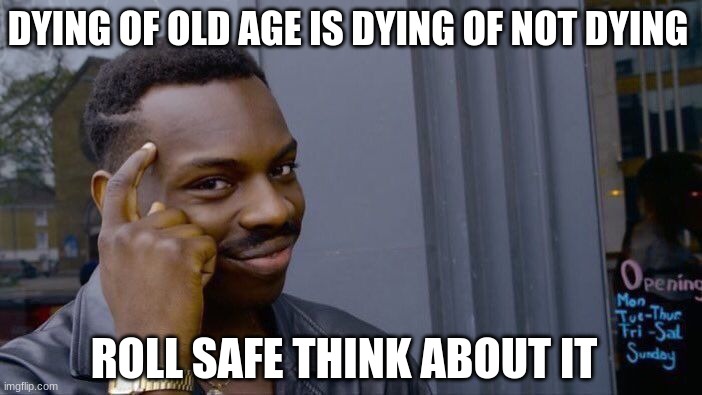 No, seriously, think about it | DYING OF OLD AGE IS DYING OF NOT DYING; ROLL SAFE THINK ABOUT IT | image tagged in memes,roll safe think about it | made w/ Imgflip meme maker
