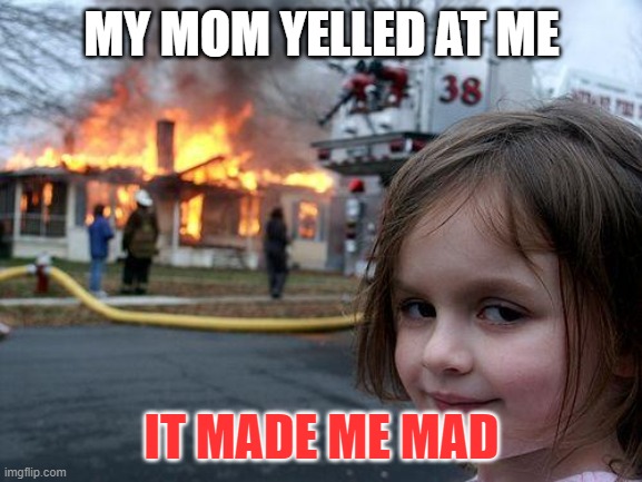 it made me mad | MY MOM YELLED AT ME; IT MADE ME MAD | image tagged in memes,disaster girl | made w/ Imgflip meme maker