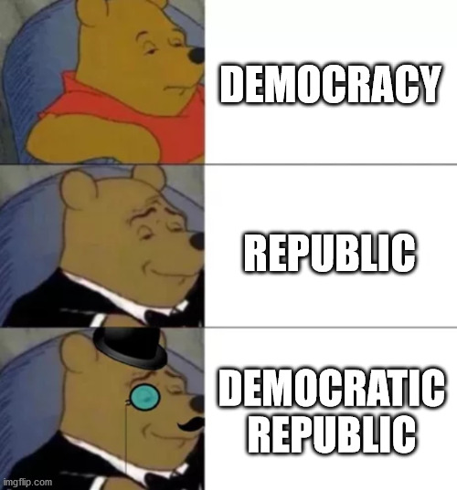 Fancy pooh | DEMOCRACY; REPUBLIC; DEMOCRATIC REPUBLIC | image tagged in fancy pooh | made w/ Imgflip meme maker