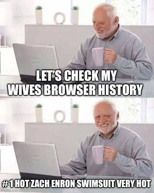 Hide the Pain Harold | LET’S CHECK MY WIVES BROWSER HISTORY; # 1 HOT ZACH ENRON SWIMSUIT VERY HOT | image tagged in memes,hide the pain harold | made w/ Imgflip meme maker