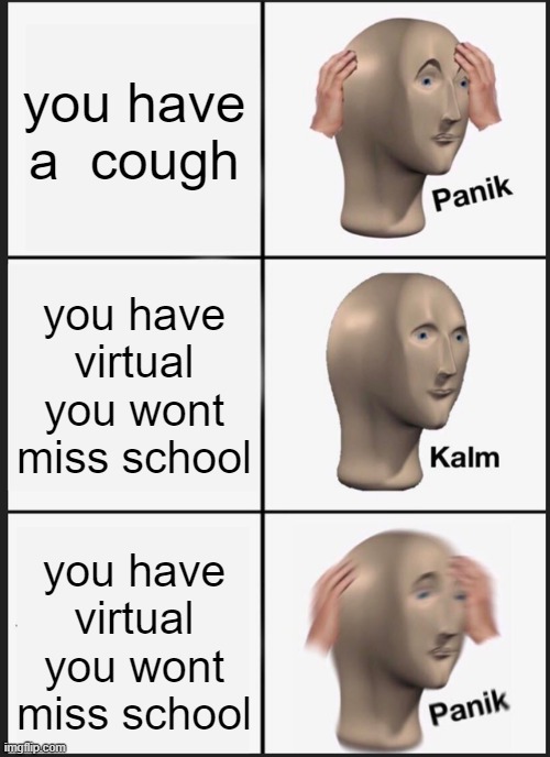 yes, but no. | you have a  cough; you have virtual you wont miss school; you have virtual you wont miss school | image tagged in memes,panik kalm panik | made w/ Imgflip meme maker