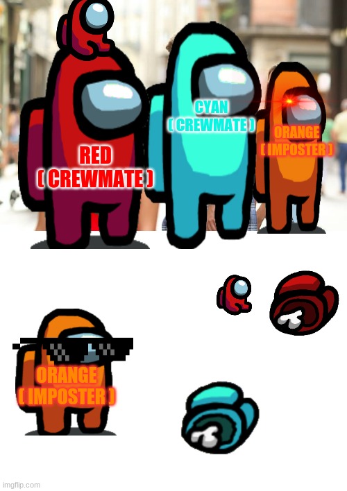 friends with imposter | CYAN
( CREWMATE ); ORANGE
( IMPOSTER ); RED
( CREWMATE ); ORANGE
( IMPOSTER ) | image tagged in memes,distracted boyfriend,blank white template | made w/ Imgflip meme maker