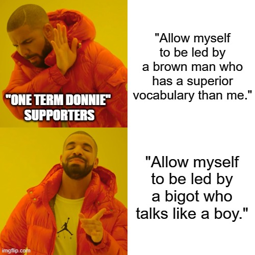 TF outta here with dem words! | "Allow myself to be led by a brown man who has a superior vocabulary than me."; "ONE TERM DONNIE" 
SUPPORTERS; "Allow myself to be led by a bigot who talks like a boy." | image tagged in memes,drake hotline bling,nevertrump,donald trump,joe biden,election 2020 | made w/ Imgflip meme maker