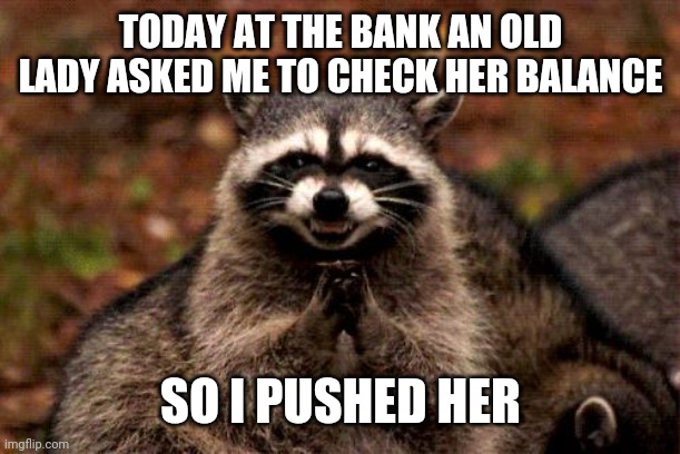 So the balance is negative? | TODAY AT THE BANK AN OLD LADY ASKED ME TO CHECK HER BALANCE; SO I PUSHED HER | image tagged in memes,evil plotting raccoon,jokes,bank account,bank | made w/ Imgflip meme maker