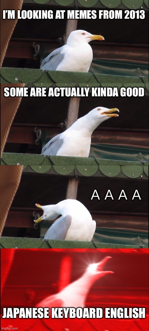 Ａａａａａａａａａ | I’M LOOKING AT MEMES FROM 2013; SOME ARE ACTUALLY KINDA GOOD; ＡＡＡＡ; JAPANESE KEYBOARD ENGLISH | image tagged in memes,inhaling seagull | made w/ Imgflip meme maker