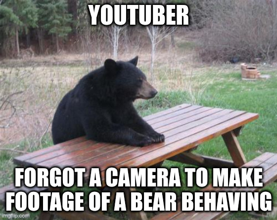 Bad Luck Bear | YOUTUBER; FORGOT A CAMERA TO MAKE FOOTAGE OF A BEAR BEHAVING | image tagged in memes,bad luck bear | made w/ Imgflip meme maker