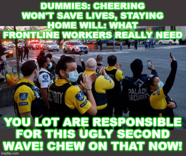 covid shithouse | DUMMIES: CHEERING WON'T SAVE LIVES, STAYING HOME WILL: WHAT FRONTLINE WORKERS REALLY NEED; YOU LOT ARE RESPONSIBLE FOR THIS UGLY SECOND WAVE! CHEW ON THAT NOW! | image tagged in dumbasses | made w/ Imgflip meme maker