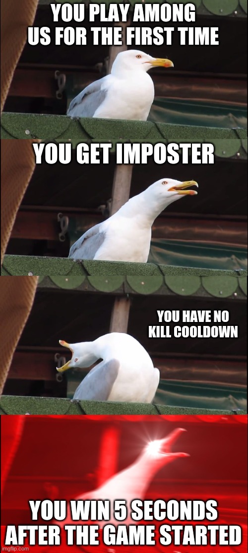 Inhaling Seagull Meme | YOU PLAY AMONG US FOR THE FIRST TIME; YOU GET IMPOSTER; YOU HAVE NO KILL COOLDOWN; YOU WIN 5 SECONDS AFTER THE GAME STARTED | image tagged in memes,inhaling seagull | made w/ Imgflip meme maker