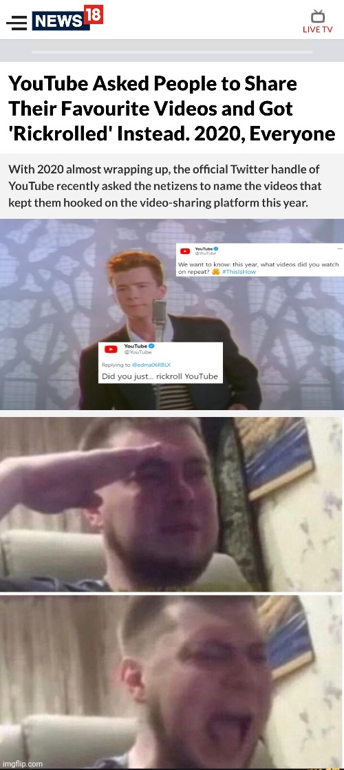 Instant legend. This is real news btw | image tagged in crying salute | made w/ Imgflip meme maker