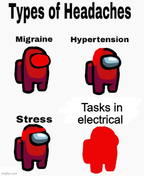 HE VENTS AWAY | Tasks in electrical | image tagged in among us types of headaches | made w/ Imgflip meme maker