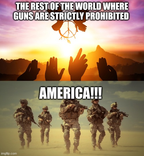 america and their guns | THE REST OF THE WORLD WHERE GUNS ARE STRICTLY PROHIBITED; AMERICA!!! | image tagged in guns | made w/ Imgflip meme maker