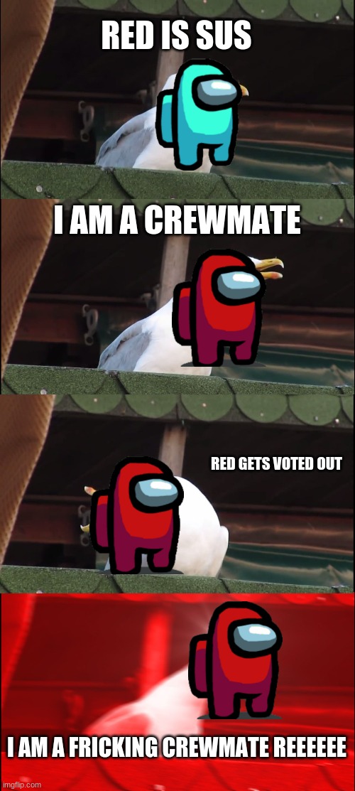 the fricking crewmate | RED IS SUS; I AM A CREWMATE; RED GETS VOTED OUT; I AM A FRICKING CREWMATE REEEEEE | image tagged in memes,inhaling seagull | made w/ Imgflip meme maker