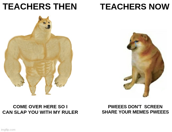 pweees | TEACHERS THEN; TEACHERS NOW; COME OVER HERE SO I CAN SLAP YOU WITH MY RULER; PWEEES DON'T  SCREEN SHARE YOUR MEMES PWEEES | image tagged in memes,buff doge vs cheems | made w/ Imgflip meme maker