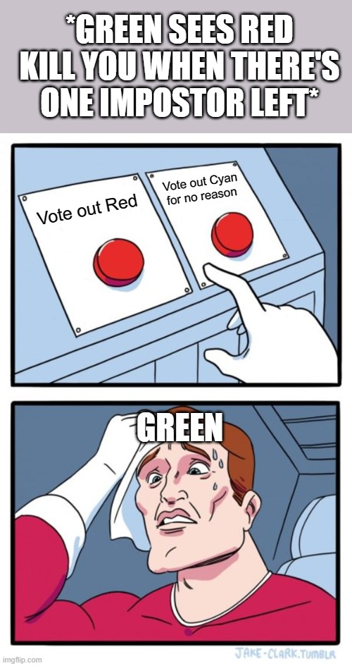 Among us Green | *GREEN SEES RED KILL YOU WHEN THERE'S ONE IMPOSTOR LEFT*; Vote out Cyan for no reason; Vote out Red; GREEN | image tagged in memes,two buttons,among us | made w/ Imgflip meme maker