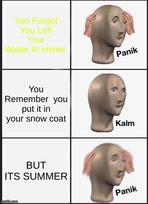 Panik Kalm Panik | You Forgot You Left Your Wallet At Home; You Remember  you put it in your snow coat; BUT ITS SUMMER | image tagged in memes,panik kalm panik | made w/ Imgflip meme maker