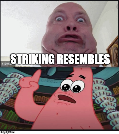 wow | STRIKING RESEMBLES | image tagged in patrick star,funny face,funny | made w/ Imgflip meme maker