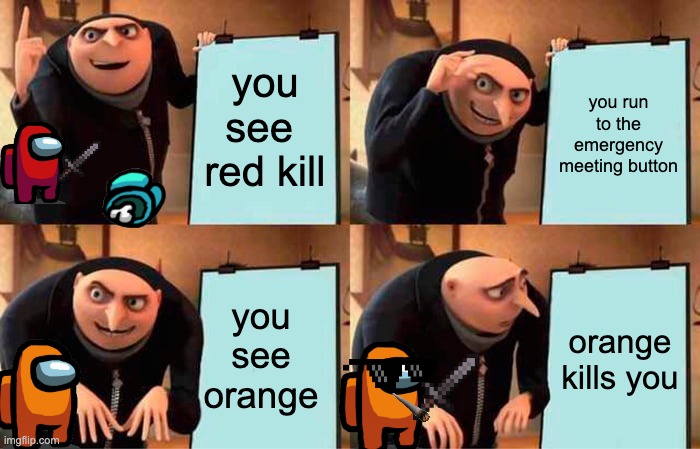 Gru's Plan | you see  red kill; you run to the emergency meeting button; you see orange; orange kills you | image tagged in memes,gru's plan | made w/ Imgflip meme maker
