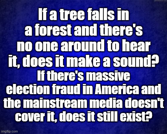 Makes a sound? | If a tree falls in a forest and there's no one around to hear it, does it make a sound? If there's massive election fraud in America and the mainstream media doesn't cover it, does it still exist? | image tagged in blue background | made w/ Imgflip meme maker