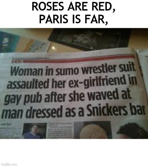 Just wow | ROSES ARE RED,
PARIS IS FAR, | image tagged in just wow | made w/ Imgflip meme maker