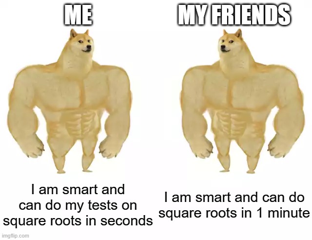 Buff Doge vs Buff Doge | ME; MY FRIENDS; I am smart and can do my tests on square roots in seconds; I am smart and can do square roots in 1 minute | image tagged in buff doge vs buff doge | made w/ Imgflip meme maker
