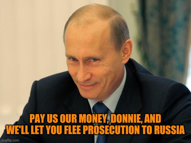 vladimir putin smiling | PAY US OUR MONEY, DONNIE, AND WE'LL LET YOU FLEE PROSECUTION TO RUSSIA | image tagged in vladimir putin smiling | made w/ Imgflip meme maker