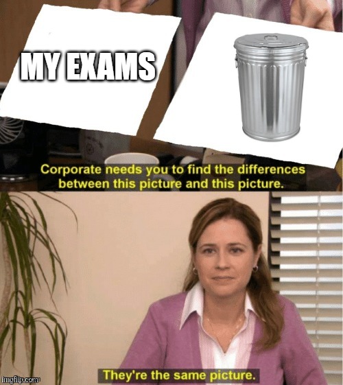 Best way to put it out ever | MY EXAMS | image tagged in they re the same thing,garbage,exams,school,lol | made w/ Imgflip meme maker