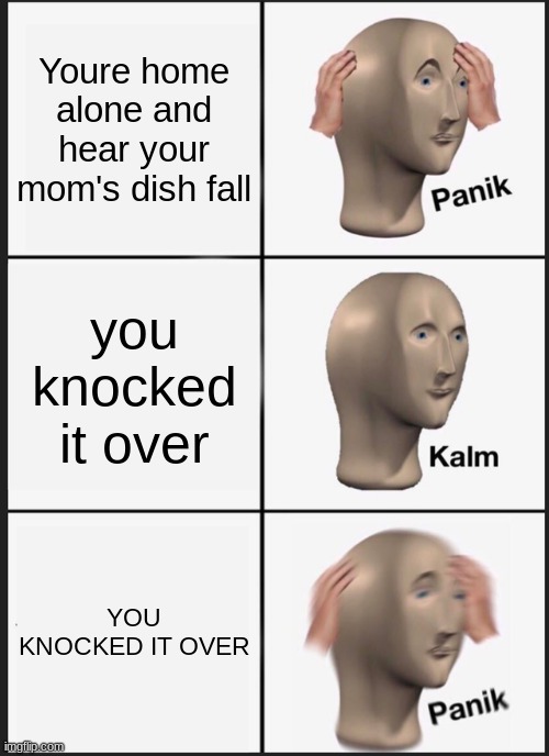 AAAAAAAa | Youre home alone and hear your mom's dish fall; you knocked it over; YOU KNOCKED IT OVER | image tagged in memes,panik kalm panik | made w/ Imgflip meme maker