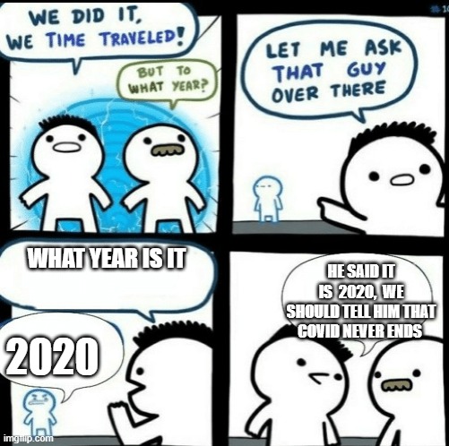 Time travelled but to what year | WHAT YEAR IS IT; HE SAID IT IS  2020,  WE SHOULD TELL HIM THAT COVID NEVER ENDS; 2020 | image tagged in time travelled but to what year | made w/ Imgflip meme maker