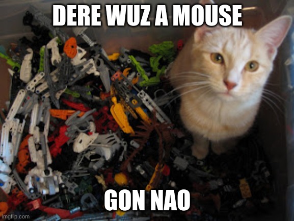 LEGO LOLCat | DERE WUZ A MOUSE; GON NAO | image tagged in lego lolcat | made w/ Imgflip meme maker