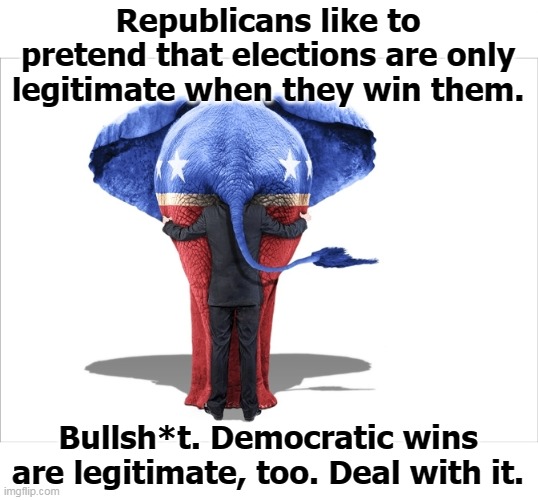 Every time the GOP loses, they make up some off the wall alibi. No facts, just weird fantasies that no grownup could believe.. | Republicans like to pretend that elections are only legitimate when they win them. Bullsh*t. Democratic wins are legitimate, too. Deal with it. | image tagged in democratic party,winners,republican party,losers | made w/ Imgflip meme maker