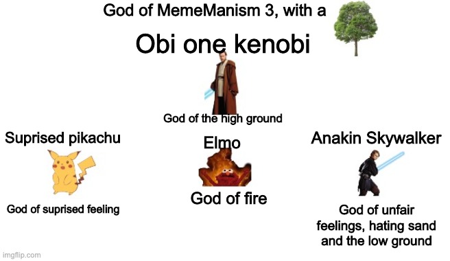 Meme manism gods 3, with a tree |  God of MemeManism 3, with a; Obi one kenobi; God of the high ground; Suprised pikachu; Anakin Skywalker; Elmo; God of fire; God of unfair feelings, hating sand and the low ground; God of suprised feeling | image tagged in holy,meme man,god | made w/ Imgflip meme maker