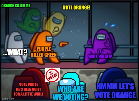 Among us | ORANGE KILLED ME; VOTE ORANGE! ...WHAT? PURPLE KILLED GREEN; YE- WAIT WHAT!? VOTE WHITE HE’S BEEN QUIET FOR A LITTLE WHILE; HMMM LET’S VOTE ORANGE; WHO ARE WE VOTING? | image tagged in among us blame | made w/ Imgflip meme maker