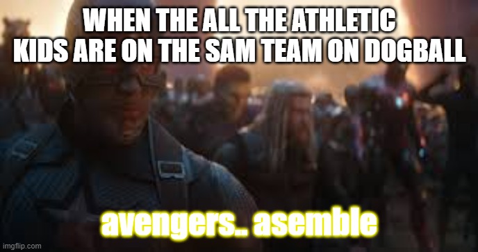 Avengers Assemble | WHEN THE ALL THE ATHLETIC KIDS ARE ON THE SAM TEAM ON DOGBALL; avengers.. asemble | image tagged in avengers assemble | made w/ Imgflip meme maker