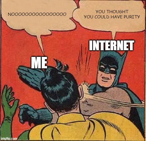 Batman Slapping Robin Meme | NOOOOOOOOOOOOOOOO; YOU THOUGHT YOU COULD HAVE PURITY; INTERNET; ME | image tagged in memes,batman slapping robin | made w/ Imgflip meme maker