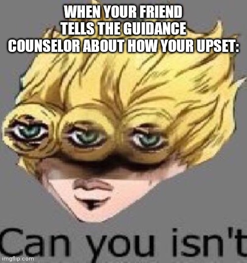 It wasn't any of his business anyways | WHEN YOUR FRIEND TELLS THE GUIDANCE COUNSELOR ABOUT HOW YOUR UPSET: | image tagged in can you isn't | made w/ Imgflip meme maker