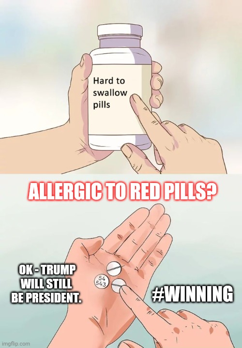 Better get some WATER! #TRUMP2020 #WINNING | ALLERGIC TO RED PILLS? OK - TRUMP WILL STILL BE PRESIDENT. #WINNING | image tagged in hard to swallow pills,scotus,the constitution,winning,the great awakening,trump 2020 | made w/ Imgflip meme maker