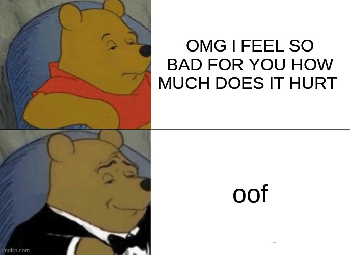 Tuxedo Winnie The Pooh | OMG I FEEL SO BAD FOR YOU HOW MUCH DOES IT HURT; oof | image tagged in memes,tuxedo winnie the pooh | made w/ Imgflip meme maker