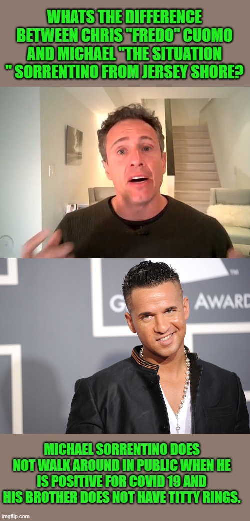 WHATS THE DIFFERENCE BETWEEN CHRIS "FREDO" CUOMO AND MICHAEL "THE SITUATION " SORRENTINO FROM JERSEY SHORE? MICHAEL SORRENTINO DOES NOT WALK AROUND IN PUBLIC WHEN HE IS POSITIVE FOR COVID 19 AND HIS BROTHER DOES NOT HAVE TITTY RINGS. | image tagged in chris cuomo,democrats,andrew cuomo | made w/ Imgflip meme maker