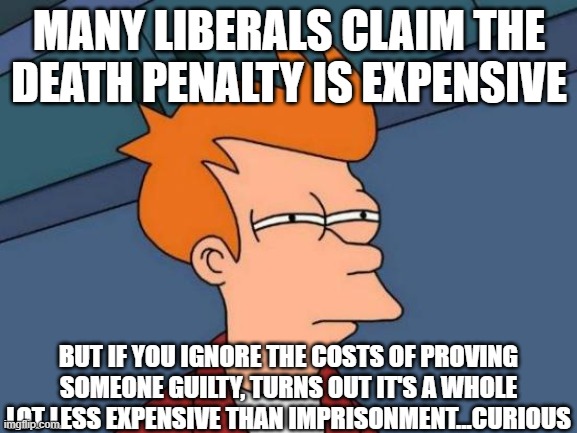 really says something about liberals when they ignore gaping holes in their logic... | MANY LIBERALS CLAIM THE DEATH PENALTY IS EXPENSIVE; BUT IF YOU IGNORE THE COSTS OF PROVING SOMEONE GUILTY, TURNS OUT IT'S A WHOLE LOT LESS EXPENSIVE THAN IMPRISONMENT...CURIOUS | image tagged in memes,futurama fry,liberal logic,death penalty | made w/ Imgflip meme maker