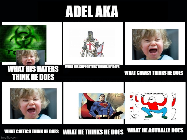 What my friends think I do | ADEL AKA; WHAT HIS SUPPORTERS THINKS HE DOES; WHAT HIS HATERS THINK HE DOES; WHAT CRWBY THINKS HE DOES; WHAT HE ACTUALLY DOES; WHAT CRITICS THINK HE DOES; WHAT HE THINKS HE DOES | image tagged in what my friends think i do,rwby | made w/ Imgflip meme maker