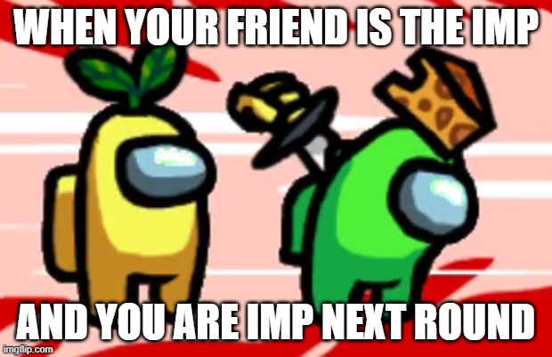 Among Us Stab | WHEN YOUR FRIEND IS THE IMP; AND YOU ARE IMP NEXT ROUND | image tagged in among us stab | made w/ Imgflip meme maker