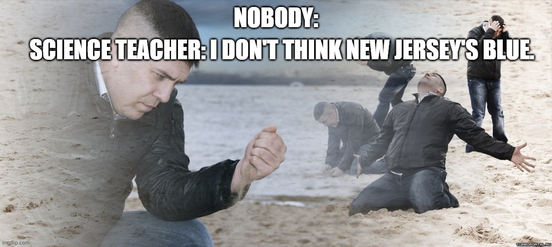 True story | SCIENCE TEACHER: I DON'T THINK NEW JERSEY'S BLUE. NOBODY: | image tagged in guy with sand in the hands of despair | made w/ Imgflip meme maker