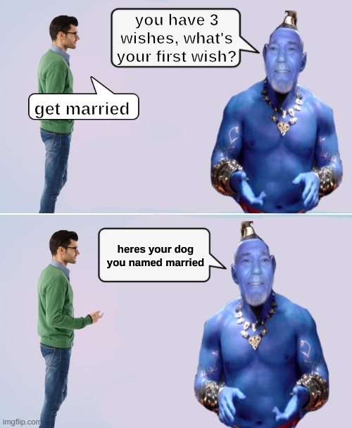 you have 3 wishes, what's your first wish? get married; heres your dog you named married | image tagged in kewlew of the lamp | made w/ Imgflip meme maker