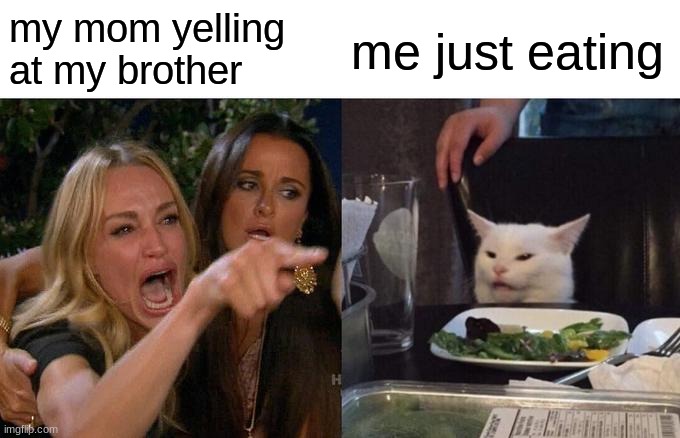 when  your brother is in trouble but your eating | my mom yelling at my brother; me just eating | image tagged in memes,woman yelling at cat | made w/ Imgflip meme maker