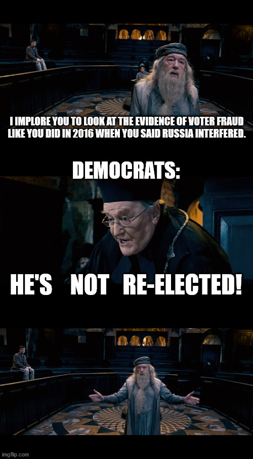 He's Not Re-Elected! | I IMPLORE YOU TO LOOK AT THE EVIDENCE OF VOTER FRAUD
LIKE YOU DID IN 2016 WHEN YOU SAID RUSSIA INTERFERED. DEMOCRATS:; HE'S    NOT   RE-ELECTED! | image tagged in election 2020,voter fraud,trump,biden,harry potter meme | made w/ Imgflip meme maker