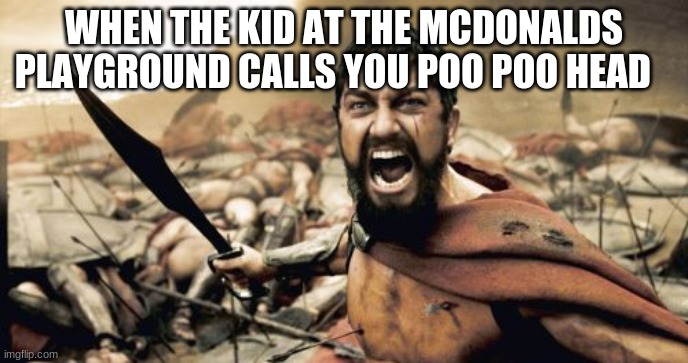 Sparta Leonidas | WHEN THE KID AT THE MCDONALDS PLAYGROUND CALLS YOU POO POO HEAD | image tagged in memes,sparta leonidas | made w/ Imgflip meme maker