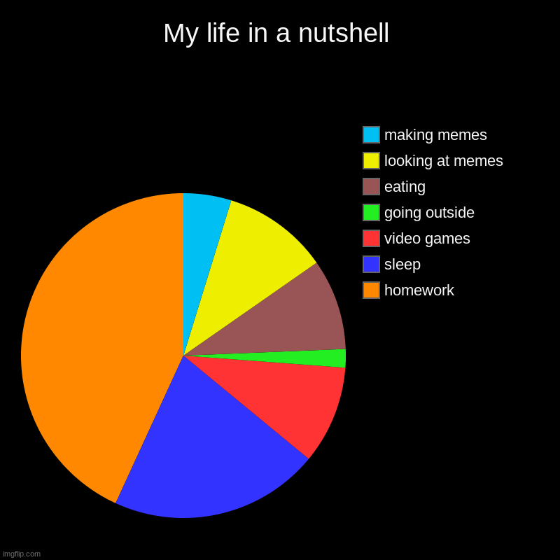 yup | My life in a nutshell | homework, sleep, video games, going outside, eating, looking at memes, making memes | image tagged in charts,pie charts,my life,in a nutshell,homework | made w/ Imgflip chart maker